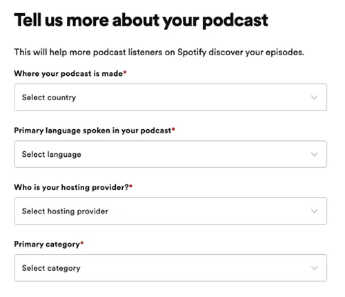 Spotify for Podcasters podcast details form