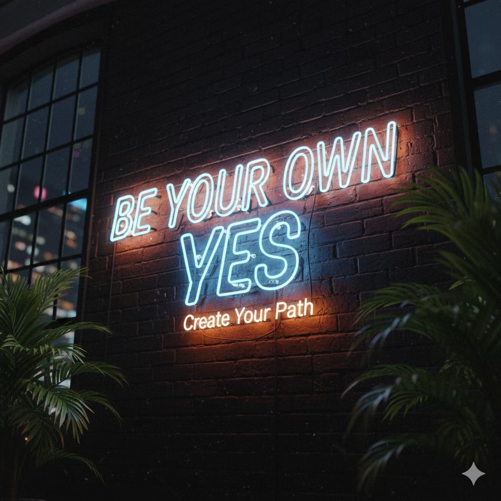 A neon sign at night that reads Be Your Own Yes, Create Your Path