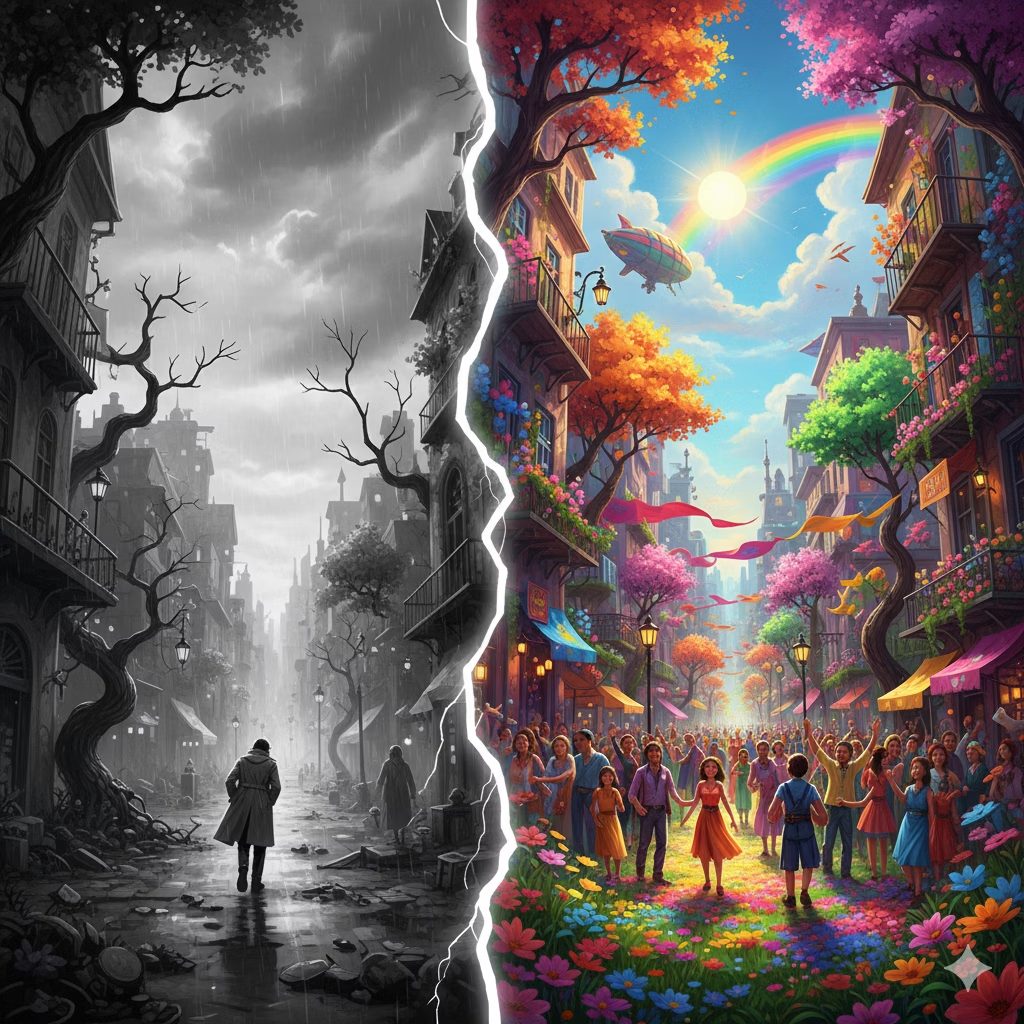 A world split in two, gray and colorless on one side and vivid color on the other