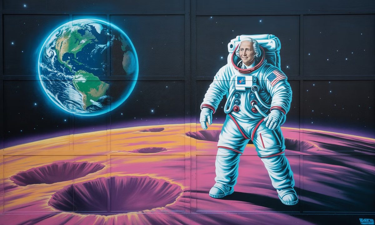 Illustration of George Washington as an astronaut standing on the moon
