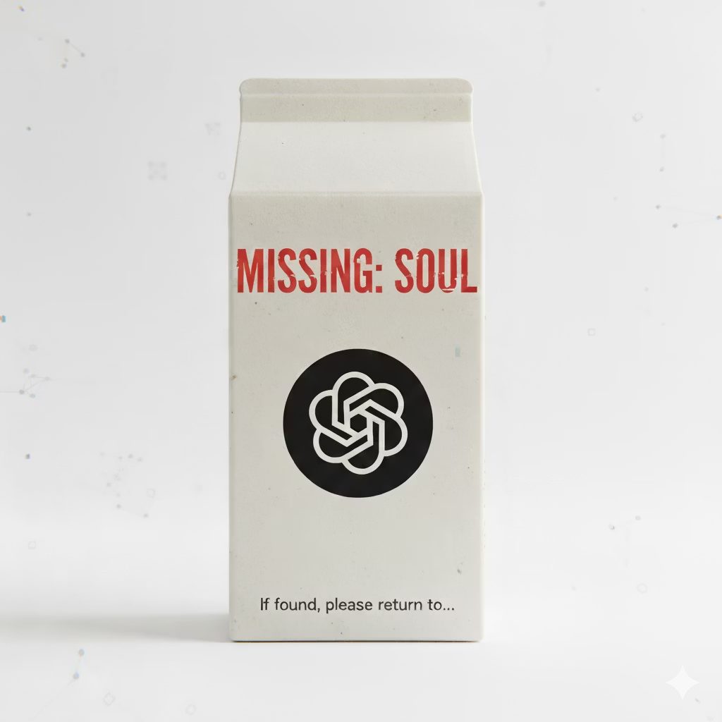 A milk carton with the words Missing: Soul and an AI logo on the front