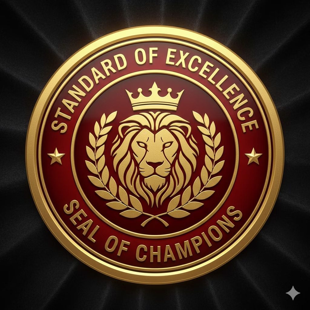 A gold seal medallion that reads Standard of Excellence, Seal of Champions