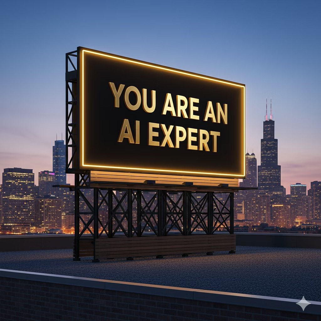 A glowing billboard at night that reads You Are An AI Expert