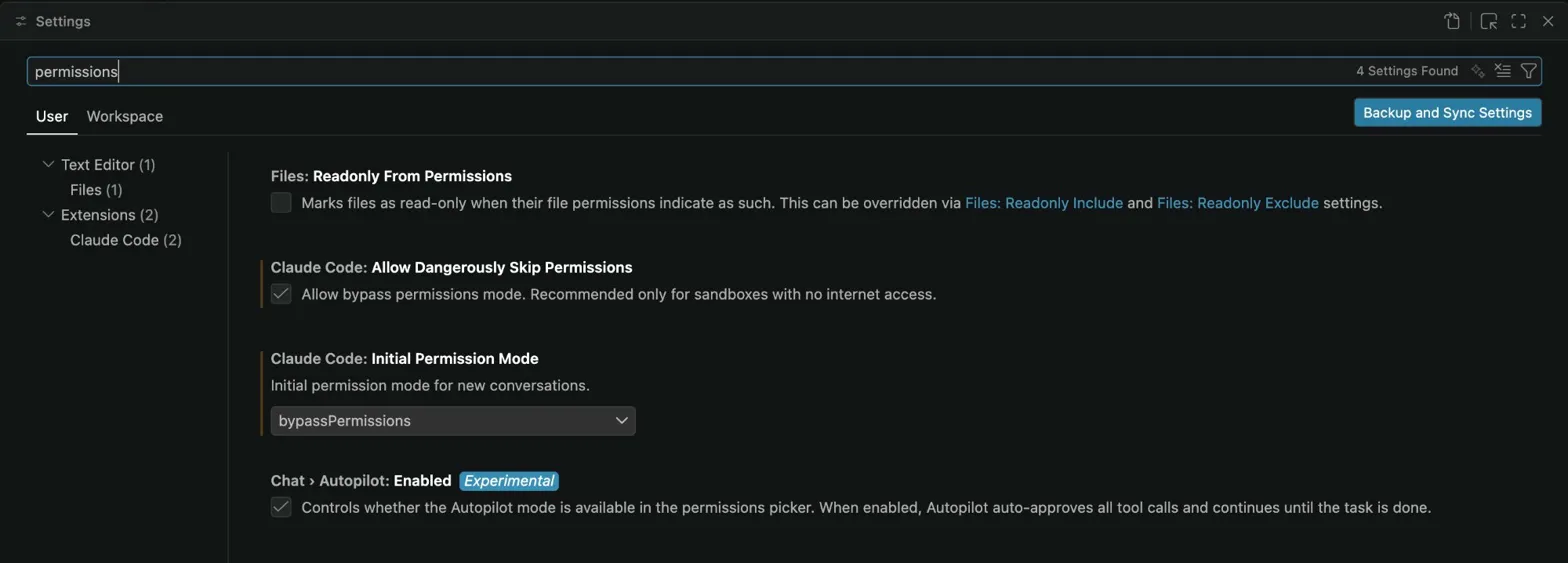 VS Code settings showing Claude Code Allow Dangerously Skip Permissions checked and Initial Permission Mode set to bypassPermissions